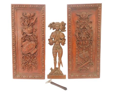 Two 20thC carved wooden panels, one depicting hunting motifs, with bust of cherub, floral and scroll work decoration, 62cm x 