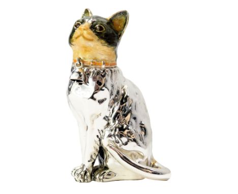 A silver and enamel figure modelled as a seated cat, wearing bell collar, stamped Italy 925, 10cm high. 