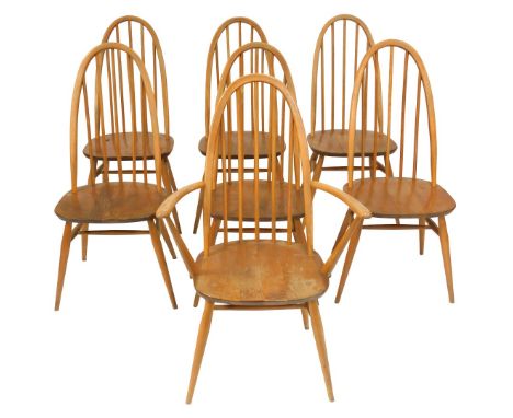 A set of six Ercol light ash and elm Windsor Quaker dining chairs, model 1875, comprising a carver and five single chairs. 