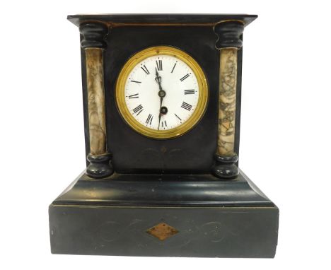 A Victorian slate and marble mantel clock, the circular white enamel dial bearing Roman numerals, thirty hour movement, the c