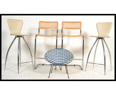 A pair of chrome framed cantilever bar stools, a pair of Italian chrome framed with leather seats bar stools and a vintage ch
