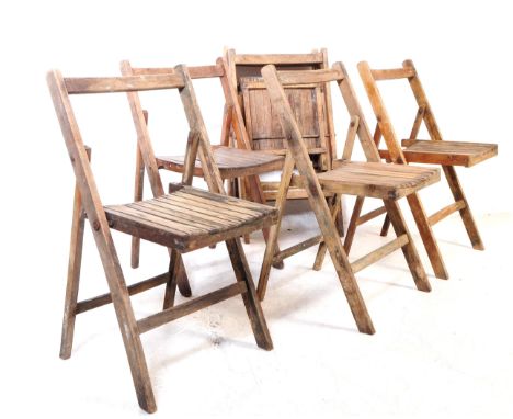 British Modern Design - Set of eight vintage teak folding garden outdoor chairs. With slatted seat, straight supports united 