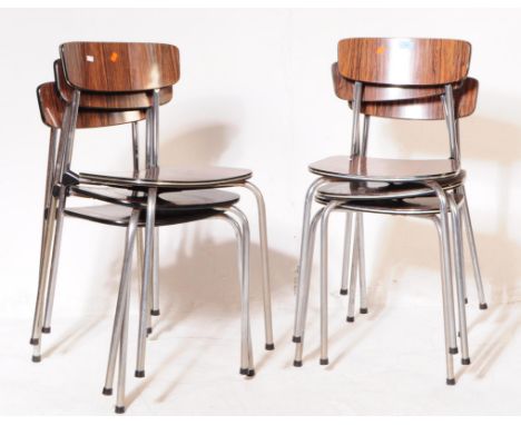 British Modern Design - Set of six vintage Formica kitchen / dining chairs. Curved backrest with wood effect seat, all suppor