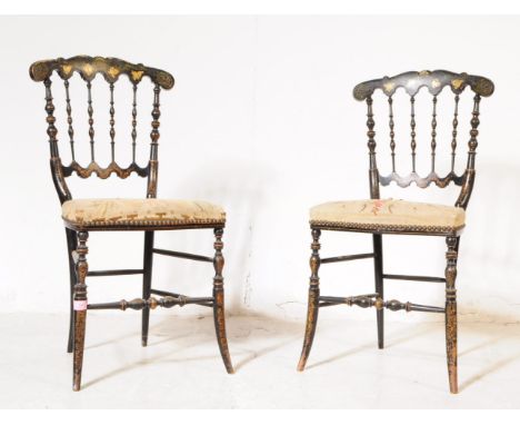 A pair of 19th century Chinoiserie black lacquered French Napoleon III bedrooms chairs. The chairs having ebonised framed wit