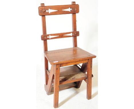 A late 19th century Victorian mahogany Arts and Crafts metamorphic folding library chair / ladder. The chair having a carved 