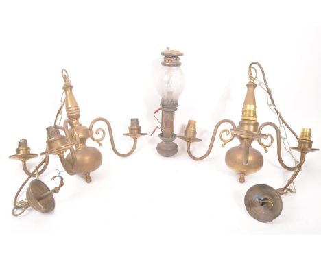 Pair of vintage 20th century brass Dutch manner 3 arm chandelier. Together with a White Star wall lantern with wall fixing. M