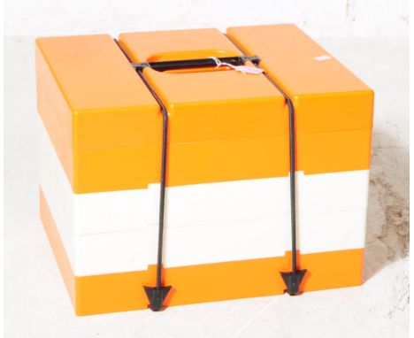 PAC-A-PIC Preci-Ware - A 20th Century circa 1970s retro orange stacking picnic set hamper having food trays, cups and plastic