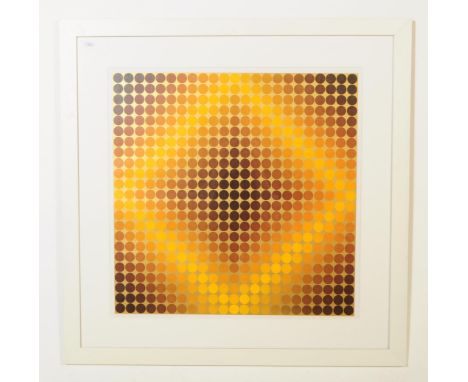 A contemporary abstract framed print. Depicting small pattern circulars with depth illusion in a yellow and brown tones. Meas