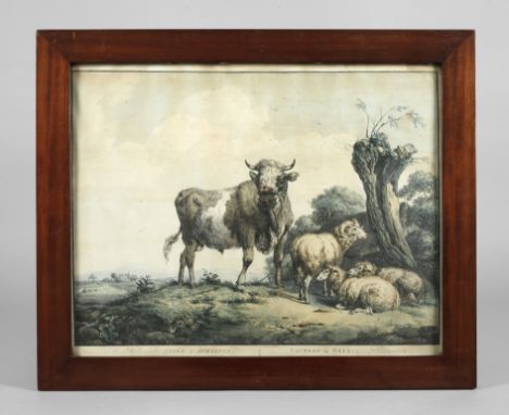 Pieter Gerardus van Os, "Stier mit Schafen"weiter Blick in sanft bewegte Sommerlandschaft mit grasenden Tieren am Fuße einer 