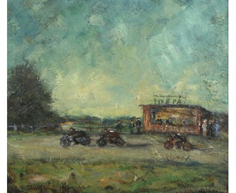 Thorsten Pedersén, Speedwayvorbeifahrende Motorräder auf einer Rennstrecke, im Hintergrund Kiosk und Zuschauer, postimpressio