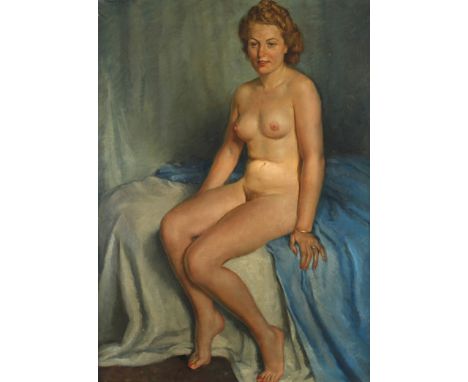 Wilhelm Hempfing, "Sitzende Blondine"Ganzfigurenbildnis einer nackten, auf einem von Tüchern bedeckten Diwan sitzenden jungen