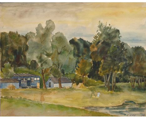 Karl Otto Hy, "Biebricher Strandbad"unter Bäumen stehende Gebäude vor dichtem Wald, Aquarell, rechts unten signiert und datie