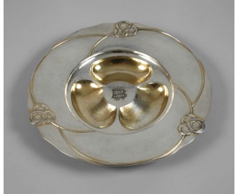 Silber Anbietschale Jugendstilum 1915, Silber gestempelt Halbmond Krone 800, vergoldet, Herstellermarke Bruckmann &amp;amp; S