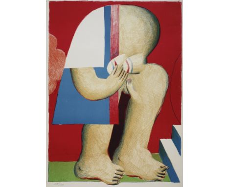 Prof. Horst Antes, "Maskierte Figur mit Treppe"für den Künstler typische Figur des Kopffüßlers, auf eine Treppe zuschreitend,