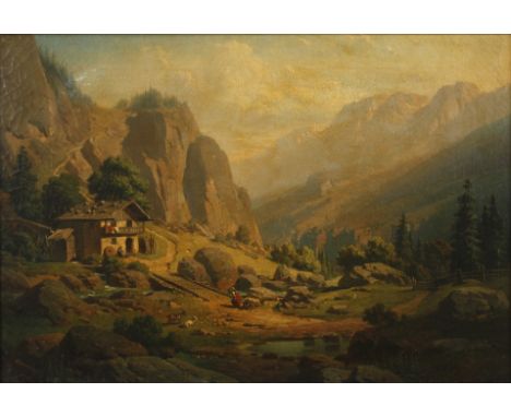 Franz Kreuzer, "Mühle bei Brannenburg"idyllische sommerliche, oberbayerische Hochgebirgslandschaft mit Mühle im warmen Sonnen