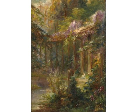 Edmond Allouard, Der verwunschene Ortvon Bäumen umgebenes, teils überwachsenes Säulenrondell an einem Teich mit Lesender, lei