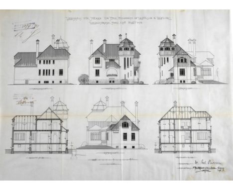 Paul Möbius, Entwurf Villa Buchheimdetailreiche Darstellung mit sechs Ansichten, über den Darstellungen bezeichnet "Landhaus 