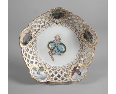 Meissen Durchbruchschale Meißenansichtenunterglasurblaue Knaufschwertermarke 1860-1924, viermal gestrichen, Prägenummern, gew