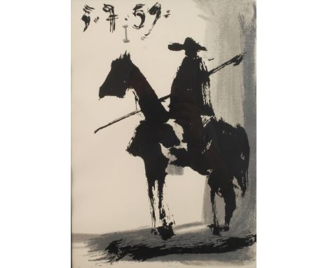 nach Pablo Picasso, Don Quijote zu Pferd mit wenigen Strichen angedeuteter Reiter zu Pferd mit Lanze, aus "Toros y toreros", 