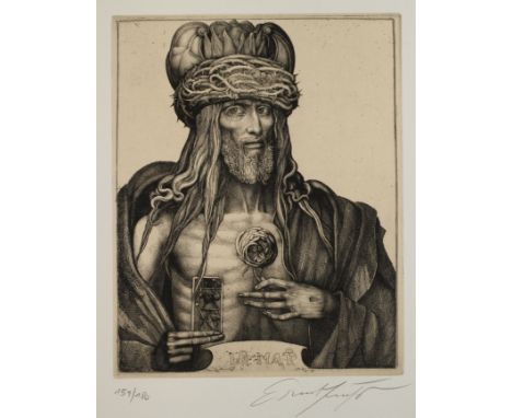 Prof. Ernst Fuchs, "Le Mat"der mit einer Dornenkrone gekrönte Christus mit Rose und Spielkarte in seinen Händen, Radierung, t