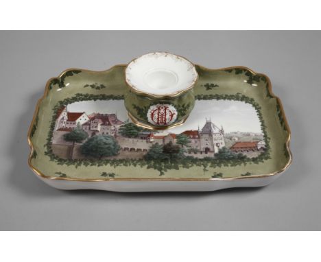 Meissen Schreibzeug Stadtansichtunterglasurblaue und blaue Knaufschwertermarke 1860-1924, zweimal gestrichen, Ritz- und Präge