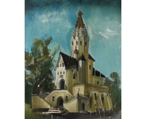 Vidmanta Vaitkevicius, Kirchenansichtseitlicher Bick auf die Russische Gedächtniskirche in Leipzig mit spitzem Turm, in anged