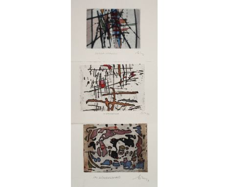 Alfred Traugott Mörstedt, Konvolut Graphikendrei Blatt, betitelt "In Erwartung", "Prinzip Hoffnung" und "Im Wirbelwind", aqua
