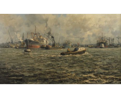 Marinus De Jongere, IndustriehafenansichtBlick auf weites Hafenbecken mit Kuttern und Lastschiffen, vor den mit Kränen bestüc