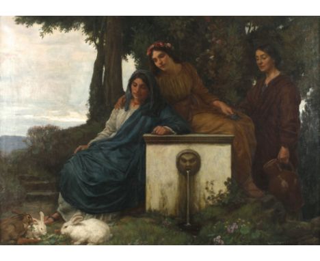 Franz Lippisch, "Altrömische Idylle ..."drei Mädchen am Brunnen in abendlicher, arkadischer Sommerlandschaft, Kaninchen beim 