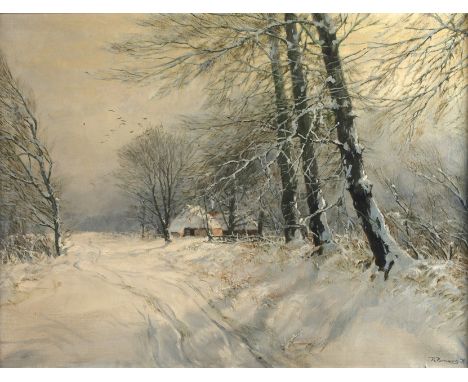 Rudolf Hermanns, WinterlandschaftBlick entlang eines von hohen Laubbäumen gesäumten Weges zum Bauernhof, in tief verschneiter