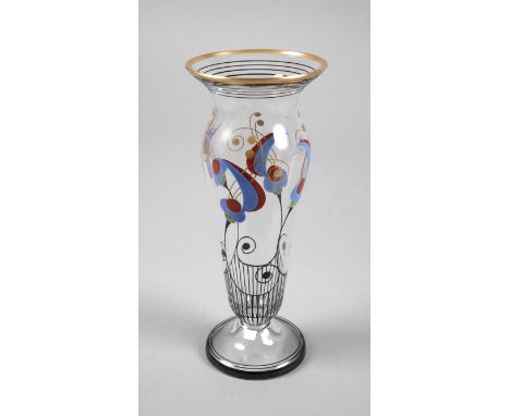 Fachschulvase Art décowohl Steinschönau, um 1928, farbloses Glas, mit opaken Emaillefarben bemalt und vergoldet, stilisierte 