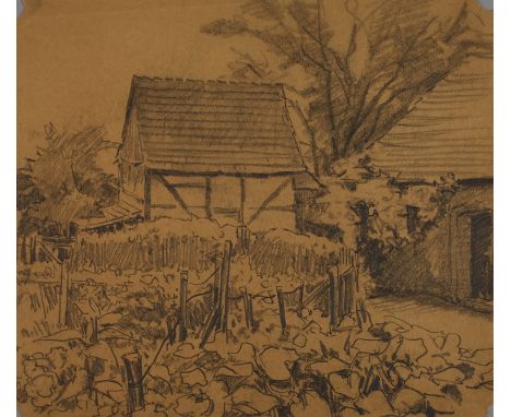 Alfred Tröger, attr., Bauerngarten idyllischer Blick in einem von Gebäuden umfassten Garten, Kohle auf gelblichem Papier, um 