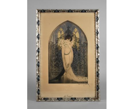 Louis Icart, "La Tosca" elegante Dame im langen weißen Kleid, vor einem Gitter posierend, Arbeit zur 1900 uraufgeführten Oper