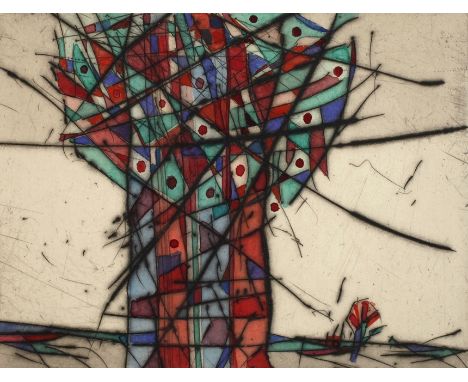 Alfred Traugott Mörstedt, "Baum der Erkenntnis"stilisierter Baum vor Landschaft, aquarellierte Kaltnadelradierung mit Platten