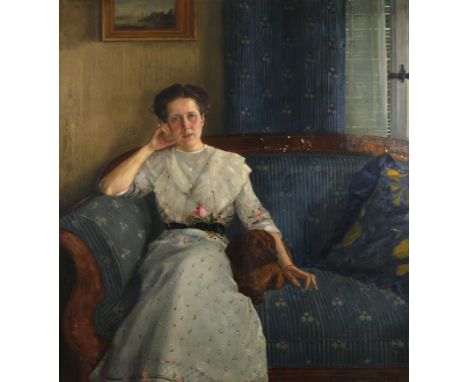 William Valentine Schevill, Frau Brockhaus LeipzigBildnis einer jungen Frau im weißen Kleid mit ihrem Dackel, auf einem Biede