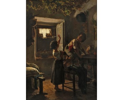 Heinrich Hasselhorst, "Traubendiebe"Kinder im dämmrigen, rustikal-bäuerlichen Stubeninterieur, die Trauben einer Weinrebe an 