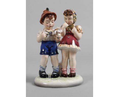 Goldscheider Wien Lampenfuß "Sie liebt mich" Entwurf Karl Sailer 1948, Stempelmarke nach 1922, Zusatz Made in Austria und Han