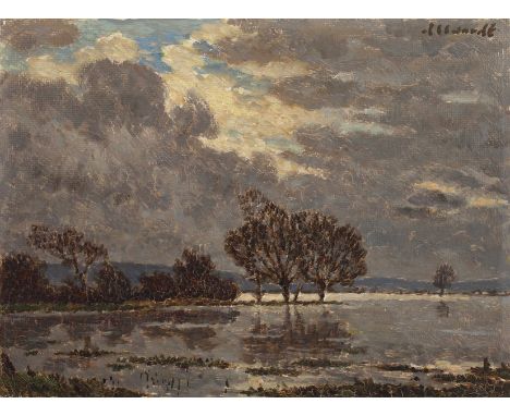 Rudolf Allwardt, FlusslandschaftBlick in weite überschwemmte Flussaue unter dramatisch bewölktem Himmel, gering pastose, impr