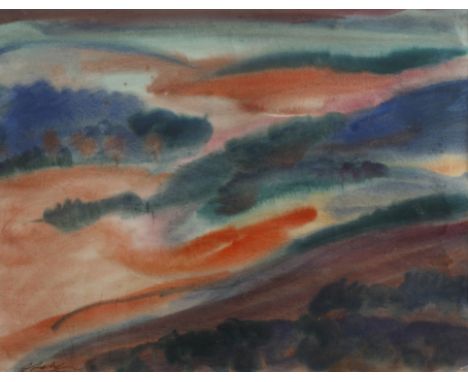 Alfred Kohler, Abendlandschaftin warme Töne getauchte hügelige Landschaft mit vereinzelten Bäumen, Aquarell, Mitte 20. Jh., l