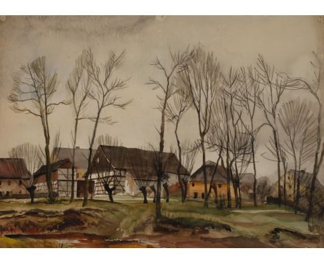 Alfred Tröger, attr., Herbstliche DorfansichtBauernhäuser mit Fachwerk hinter kahlen Bäumen, Kohle und Aquarell auf leichtem 