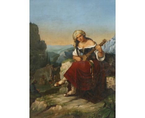 Franz Richter, attr., Mandolinenspielerinjunge Frau in Tracht, beim Spiel der Mandoline abseits eines Zeltlagers, vor bergige