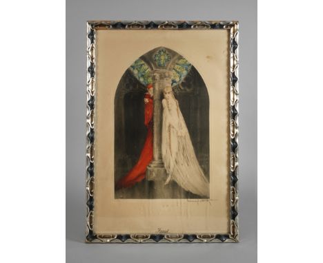 Louis Icart, "Faust"Gretchen und Mephisto vor einem Glasfenster an einer Säule lehnend, an der unteren Blattkante betitelt "F