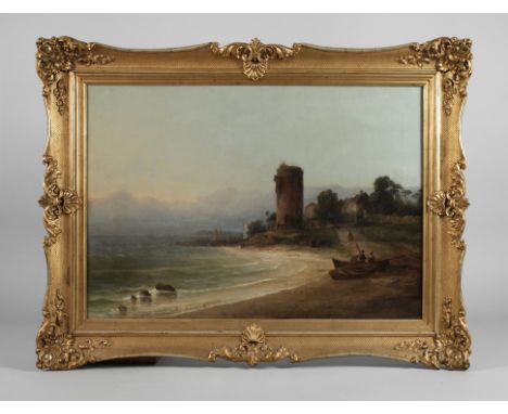 Bernhard Peters, Küste mit WachturmFischerboote am Strand vor altehrwürdigem Wach- und Leuchtturm am sanft ansteigenden Ufer,