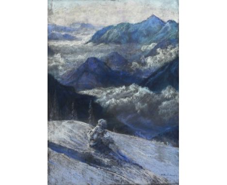 Wilhelm Friedrich Kuh, Winterlandschaft über den Wolken stehend, Blick in eine verschneite Berglandschaft, Pastellmalerei, si