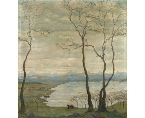 Paul Blume, "Die Flucht nach Ägypten"Blick vorbei an mächtigen entlaubten Bäumen in weite Vorgebirgslandschaft mit See und de