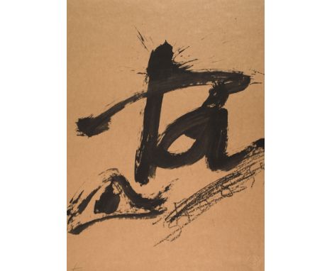 Antoni Tàpies, Ungegenständliche Kompositionkraftvolle Pinselhiebe und Kreidestriche auf bräunlichem Grund, Offsetlithographi