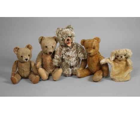Konvolut Teddybären und ein Kasperl-HundHersteller Steiff, Hermann etc., 1950/60er Jahre, ungemarkt, heller Mohair, meist har