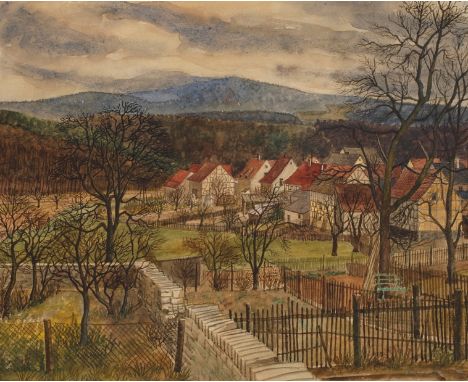 Karl Otto Hy, Häuser am Stadtrandvorfrühlingshafte Gärten und Häuser und im Hintergrund Bergkette (wohl Taunus), Aquarell, re