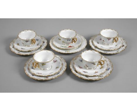 Meissen fünf Gedecke "Muschelrand"unterglasurblaue Schwertermarken, viermal Pfeifferzeit 1924-1934 und einmal nach 1934 (Mohn