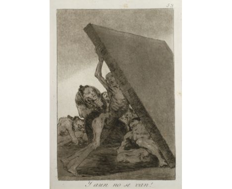 Francisco José de Goya, "Y aun no se van!"ausgemergelter Mann, eine Platte stemmend, unter der Darstellung in der Platte beti